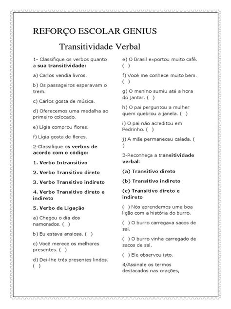 ATIVIDADES SOBRE TRANSITIVIDADE VERBAL