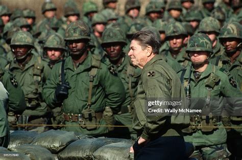 President Ronald Reagan prepares to speak to US Army troops of the ...