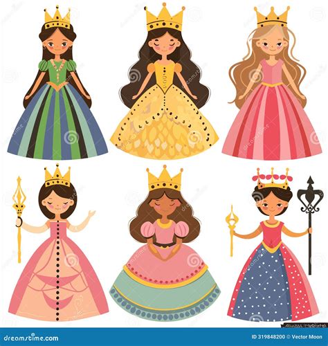 Six Cartoon Princesses Diverse Ethnicities Smiling Wearing Colorful