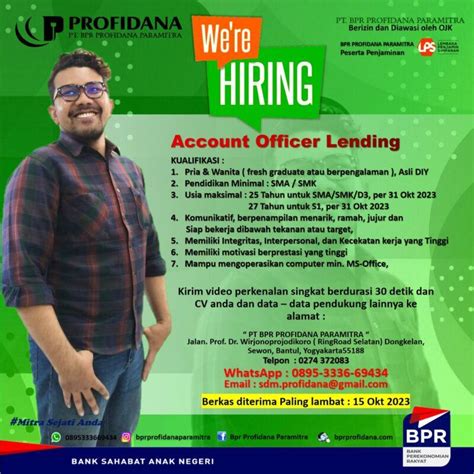 Lowongan Kerja Account Officer Lending Di PT BPR Profidana Paramitra