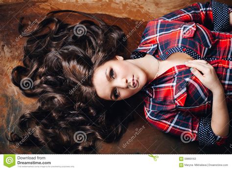 Beautiful Brunette Woman In Plaid Shirt Stock Image Image Of Fashion Green