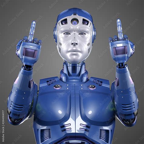 Futuristic Robot Or Blue Cyborg Showing Middle Finger In Rude Way Meaning Fuck Off Isolated On