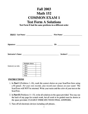 Fillable Online Math Tamu Fall 2003 Math 152 COMMON EXAM 1 Test Form A