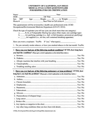 Fillable Online Ehs Ucsd MEDICAL EVALUATION QUESTIONNAIRE Ehs