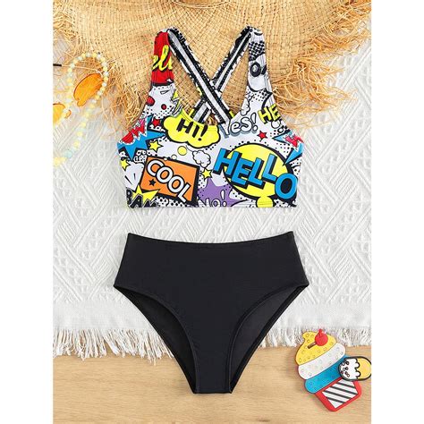 Bikini Para Niña Con Gráficos De Caricaturas Y Letras Y Una Espalda Cruzada Cowmmerce