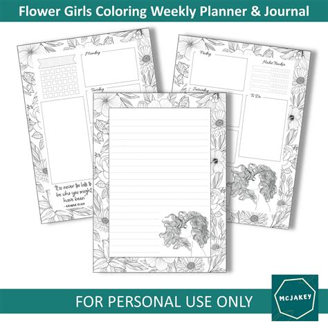 Printable Coloring Weekly Planner And Journal For Girls Undated Floral