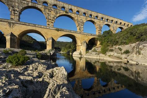 Horizontal View Of Famous Pont Du Gard Old Roman Aqueduct In France