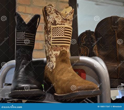 Closeup Shot Of Male S Brown Leather Camouflage Cowboy Boots With The