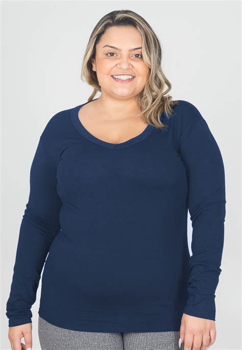 Blusa Feminina Segunda Pele Plus Size Gola V Manga Longa