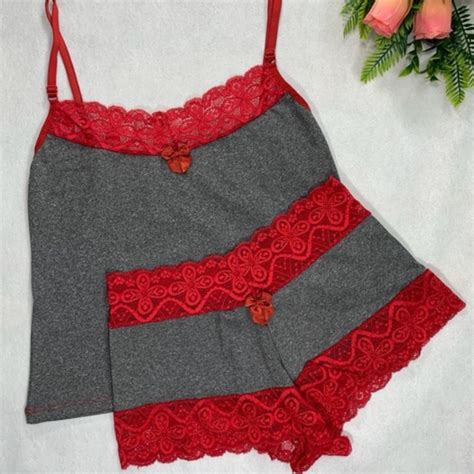 Baby Doll Feminino Lingerie Conjunto Short Renda Camisete Pijama Dormir Al A Regulaveis Adulto