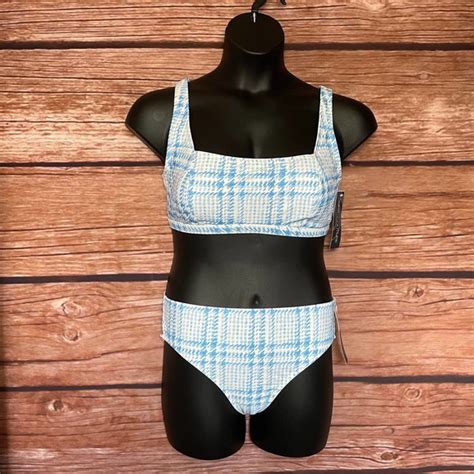 Aqua Couture Swim Swimsuit 2 Piece L Aqua Couture Blue White Bikini Shepard Check Hipster