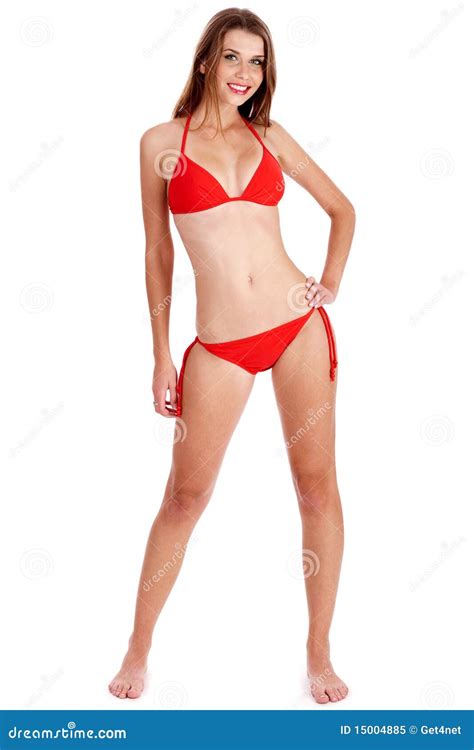 Full Length Of Stunning Woman In Red Bikini Posing Stock Image Image