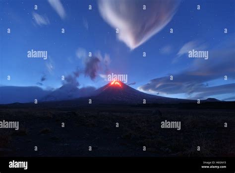 Beautiful Volcanic Landscape Of Kamchatka Night View Of Eruption Active Klyuchevskoy Volcano