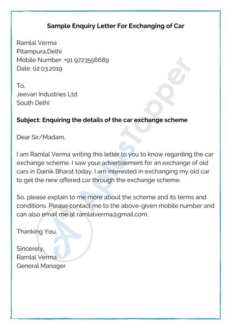 Sample Letter For Exchangeing Of Car