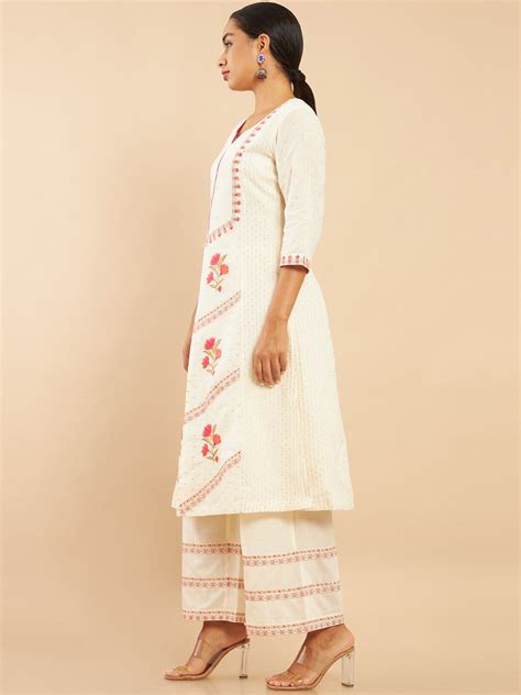 Soch Women White Floral Embroidered Layered Pure Cotton Kurta With Pal