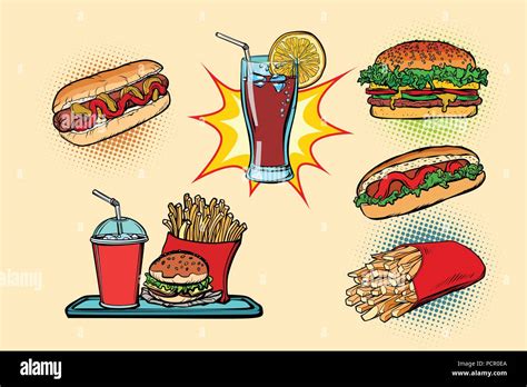 Fast Food Set Collection Hot Dog Burger Cola French Fries Drink Stock