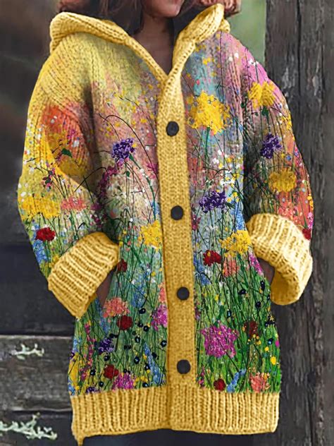 Wild Flowers Oil Painting Art Cozy Knit Hooded Cardigan