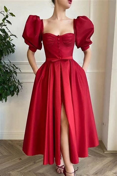 Puff Sleeves A Line Red Homecoming Dress Red Prom Dress Red Satin