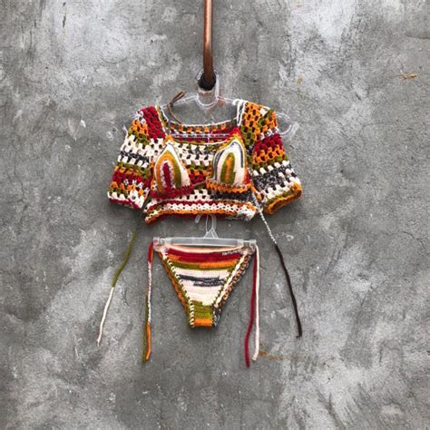 Rainbow Bikini Set 3 Pcs Crochet Outfit Woman Colorful Bikini Top And Bottom Crop Top