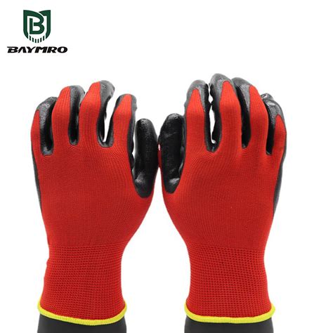 Red Gauge Polyester Nylon Palm Nitrile Coated Antiskid Safety Work