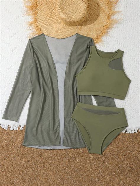 Conjunto de cubierta de playa y bikini de malla empalmada para niña preadolescente para