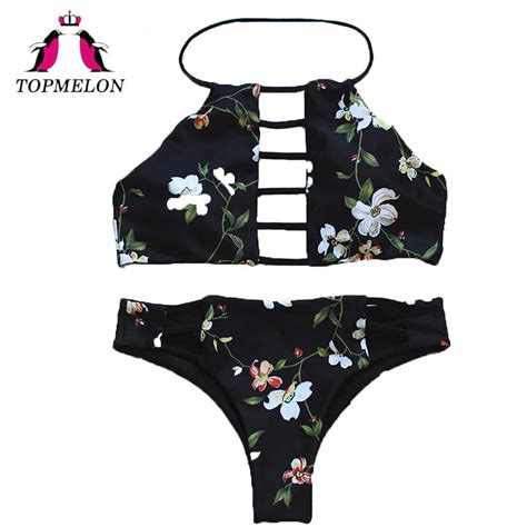 Topmelon Bikini Set Sexy Women Print Halter Black Hollow Out Backless