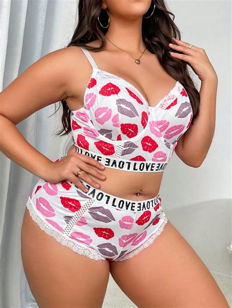 Plus Lip Print Contrast Lace Bra Panty Lingerie Set Shein Usa