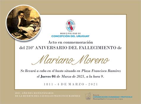 Mañana homenajearán a Mariano Moreno a 210 años de su fallecimiento