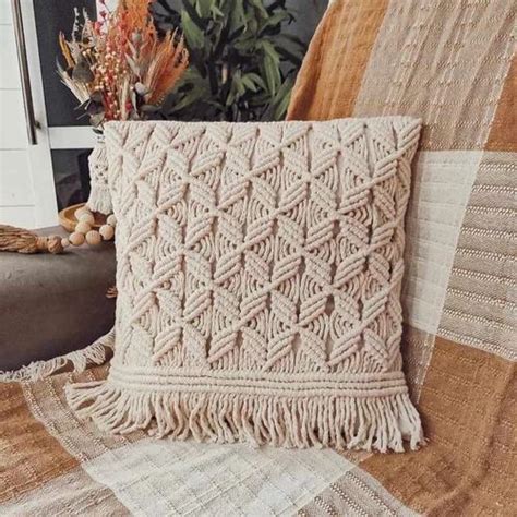 Off White Crosia Work Macrame Crochet Cushion Covers Size 16x16inch