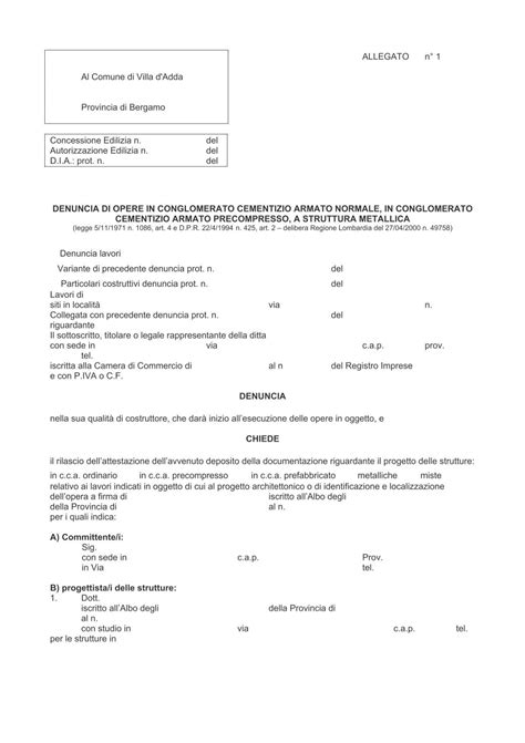 Modulo Per La Denuncia Delle Opere In Cemento Armato