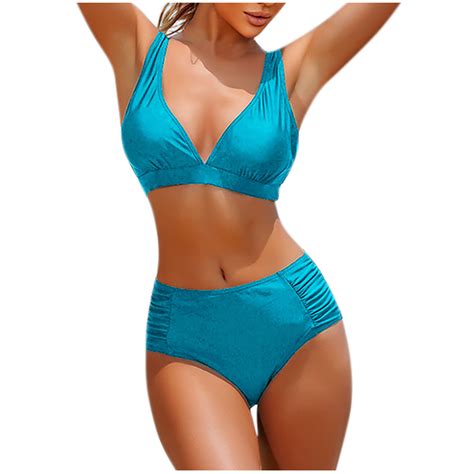 Utsjkr Deals High Waisted Bikini Sets Two Piece Tummy Control Swimsuits V Neck Summer Beach