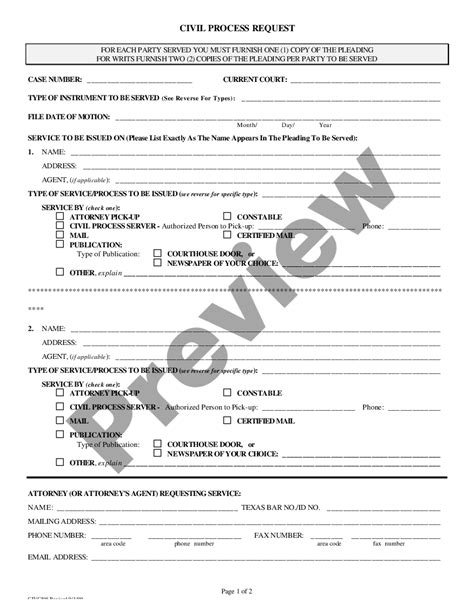 Texas Civil Process Request Civil Process Request Form Harris County