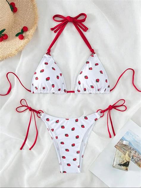 Sexy Women Cute Strawberry Print Halter String Micro Bikini Sets Two