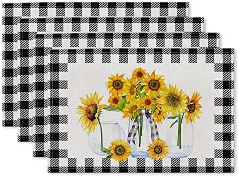 Amazon Placemats Set Of Sunflower Buffalo Plaid Washable Burlap