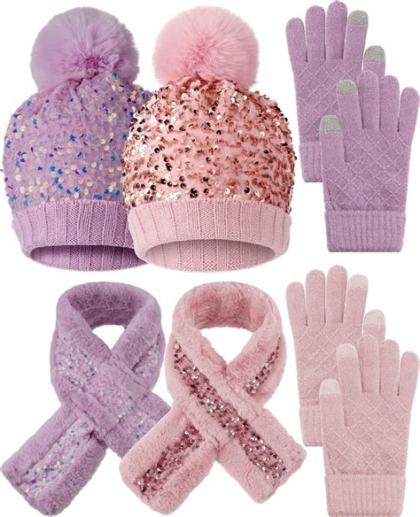 Liitrsh 2 Sets Girls Winter Knit Hat Scarf Gloves Set Warm Fleece Lined Pom Pom Hat