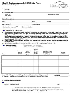 Fillable Online Health Savings Account HSA Claim Form Reimbursement