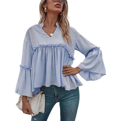 Udear Sky Blue Ruffle Trim Babydoll Collared V Neck Depop