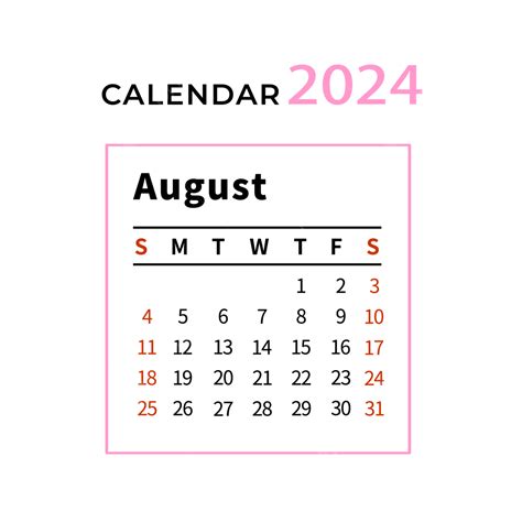 Agosto 2024 Calendario Simple Rosa PNG Agosto Calendario Calendario