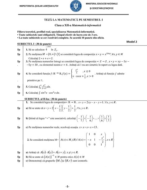 Modele De Teza Clasa A 12 A Matematica M1 M2 Semestrul 1 Cu