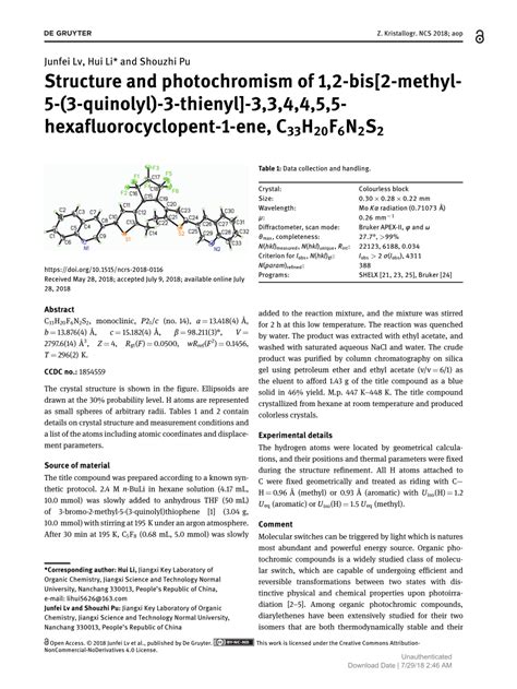 PDF Structure And Photochromism Of 1 2 Bis 2 Methyl 5 3 Quinolyl 3