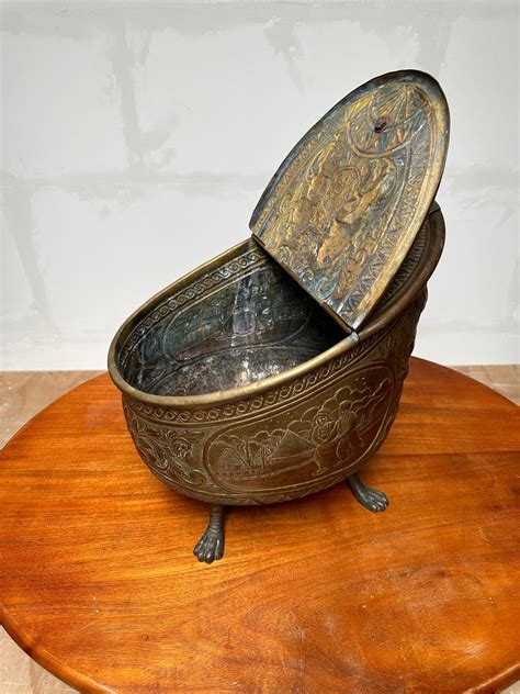 Antique Dutch Embossed Brass Ash Or Coal Bucket W Lions And Farmer S