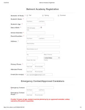 Fillable Online Belmont Academy Registration Emergency Contact Approved