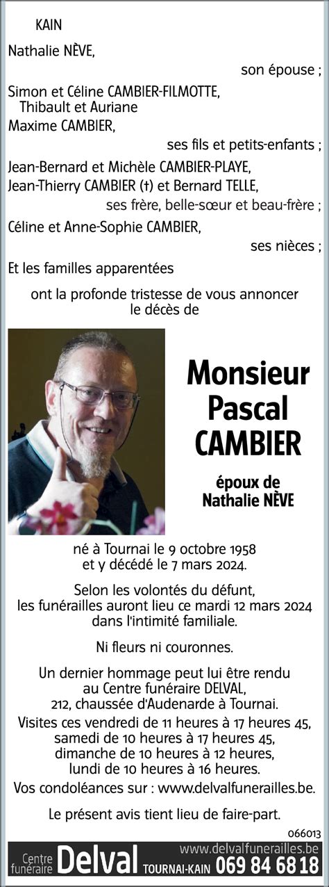 Avis De Décès De Pascal Cambier Décédé Le 07 03 2024 à Tournai