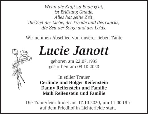 Traueranzeigen Von Lucie Janott M Rkische Onlinezeitung Trauerportal