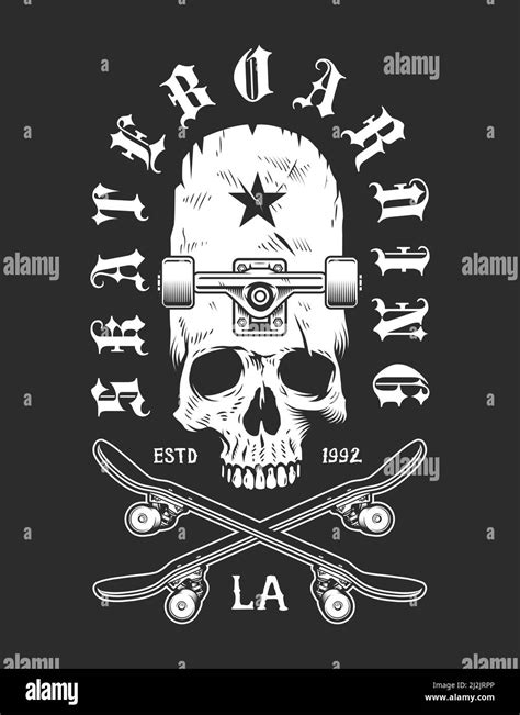 Embl Me Monochrome Vintage De Skateboard Avec Skateboard T Te De Mort