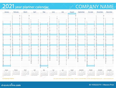 2021 Year Planner Calendar Vector Annual Organizer Calender Stock