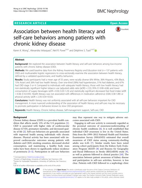 Pdf Association Between Health Literacy And Self Care Behaviors Among Patients With Chronic