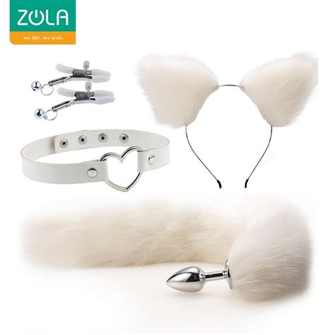ZOLA Pcs Conjunto Cola De Zorro Butt Plug Metal Anal Hair Band Collar Clip De Pecho Juguete
