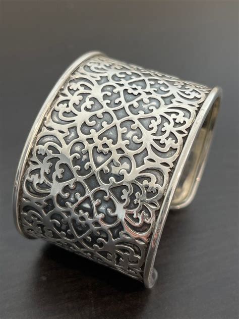 Wide Intricate Sterling Silver Oxidized Cuff Bracelet Gem