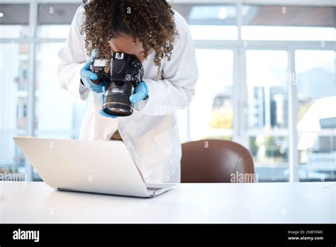 Science Investigation Camera And Black Woman With Laptop In Laboratory